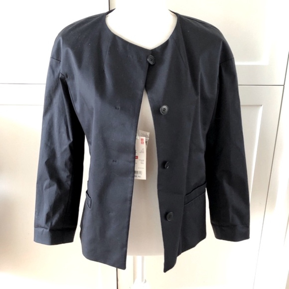 Uniqlo Women's Dark Navy Button-Front Collarless Jacket